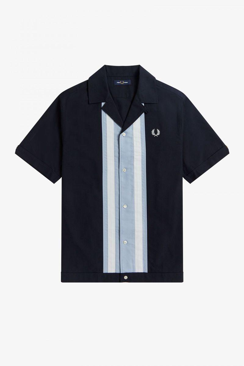 Navy Fred Perry Striped Panel Bowling Men's Shirts | PH 1540PJJQ